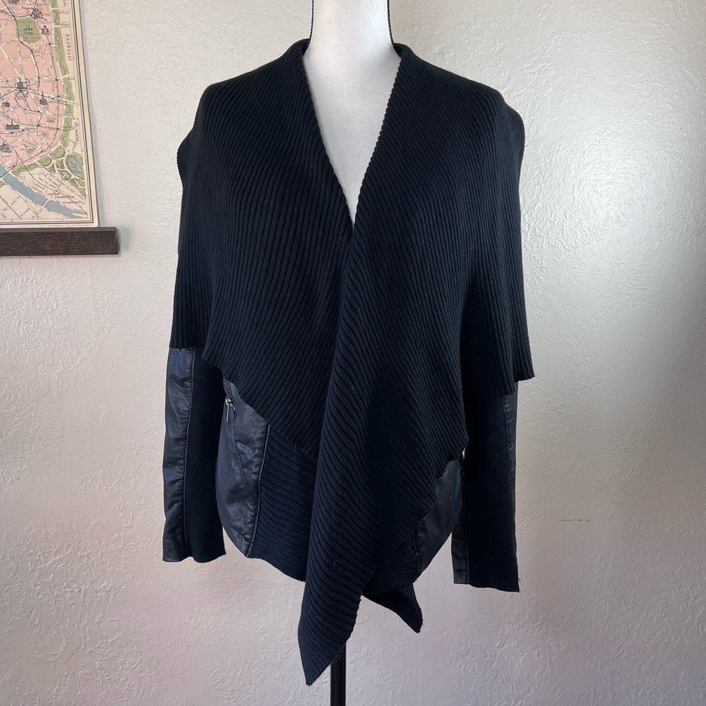 Vegan leather and sweater drape front jacket.